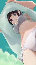 Rule 34 | 1girl, :o, bikini, black hair, blue sky, breasts, chitanda eru, cloud, commentary request, day, from below, highres, hiroki (yyqw7151), hyouka, lifting own clothes, looking at viewer, looking down, medium breasts, navel, open mouth, outdoors, purple eyes, short hair, side-tie bikini bottom, sky, solo, standing, swimsuit, upshirt, white bikini