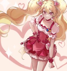 Rule 34 | 1girl, blonde hair, bow, brown background, chinese commentary, choker, clenched hand, closed mouth, clover brooch, collarbone, commentary request, cowboy shot, cross-laced clothes, cross-laced dress, cure peace, dress, dress bow, earrings, eyelashes, fresh precure!, frilled dress, frilled shirt, frilled sleeves, frills, hair ornament, hand on own hip, heart, heart background, heart earrings, heart hair ornament, highres, holding, holding wand, jewelry, light blush, long hair, looking at viewer, magical girl, momozono love, pink bow, pink choker, pink dress, pink eyes, pink wrist cuffs, precure, puffy short sleeves, puffy sleeves, ribbon-trimmed shirt, shirt, short dress, short sleeves, simple background, smile, solo, sparkle, square neckline, strapless, strapless dress, tassel, tassel hair ornament, thighs, twintails, very long hair, wand, white bag, white shirt, white sleeves, wrist bow, wrist cuffs, xiao gu (xg112)