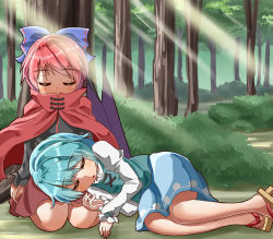 Rule 34 | 2girls, :o, against tree, arms at sides, black shirt, blue hair, blue skirt, blue vest, blush, bow, bush, cape, commentary request, day, forest, geta, hair bow, juliet sleeves, lap pillow, legs together, light rays, long sleeves, lying, lying on person, multiple girls, nature, on ground, on side, outdoors, puffy sleeves, red cape, red hair, red skirt, seiza, sekibanki, shade, shirt, short hair, sitting, skirt, sleeping, sugiyama ichirou, sunbeam, sunlight, tatara kogasa, touhou, tree, under tree, vest, white shirt