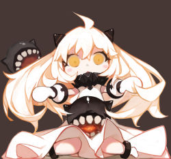 Rule 34 | 10s, 1girl, abyssal ship, ahoge, ankle cuffs, between legs, brown background, chibi, dress, highres, horns, kantai collection, long hair, looking at viewer, mittens, nero (nilu), northern ocean princess, open mouth, orange eyes, pale skin, simple background, sleeveless, sleeveless dress, solo, teeth, triangle mouth, white hair