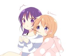 Rule 34 | 2girls, ^^^, alternate costume, blush, chestnut mouth, commentary request, cup, eyebrows, food, gochuumon wa usagi desu ka?, hair between eyes, holding, holding cup, hood, hooded pajamas, hoto cocoa, hug, hug from behind, long hair, looking at another, multiple girls, nagomi yayado, orange hair, pajamas, pocky, pocky day, pocky kiss, purple eyes, purple hair, shared food, simple background, striped clothes, striped pajamas, sweatdrop, tedeza rize, white background