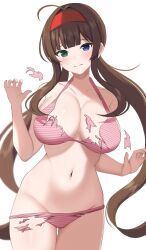 Rule 34 | 1girl, ahoge, bare arms, bare shoulders, bikini, blue eyes, blunt bangs, blush, breasts, brown hair, cleavage, closed mouth, collarbone, commentary request, cowboy shot, exploding clothes, gluteal fold, green eyes, groin, hairband, halterneck, hands up, heterochromia, highres, large breasts, long hair, looking at viewer, low twintails, navel, pink bikini, red hairband, ryoubi (senran kagura), senran kagura, sidelocks, simple background, solo, standing, stomach, string bikini, striped bikini, striped clothes, surippa1010, swimsuit, torn bikini, torn clothes, twintails, very long hair, white background