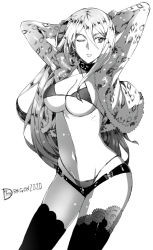 Rule 34 | 1girl, 7th dragon (series), 7th dragon 2020, arms behind head, bikini, breasts, copyright name, cowboy shot, earrings, greyscale, hair between eyes, jewelry, large breasts, long hair, micro bikini, monochrome, one eye closed, psychic (7th dragon), simple background, solo, swimsuit, thighhighs, very long hair, white background, yosimura