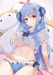 Rule 34 | 1girl, :d, absurdres, animal ears, arm support, bikini, black bow, blue hair, blue ribbon, bow, carrot hair ornament, crop top, dedeko, double bun, food-themed hair ornament, frilled bikini, frilled shirt collar, frills, grin, hair bun, hair ornament, highres, hololive, leaning back, long hair, navel, open mouth, parted lips, puffy short sleeves, puffy sleeves, rabbit ears, rabbit-shaped pillow, red eyes, ribbon, sailor collar, shirt, short sleeves, side-tie bikini bottom, sitting, smile, solo, stomach, swimsuit, thick eyebrows, usada pekora, very long hair, virtual youtuber, white sailor collar, white shirt
