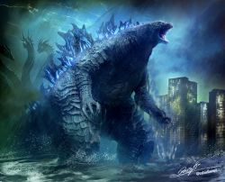 Rule 34 | alien, building, city, cityscape, conjoined, dinosaur, dragon, electricity, epic, glowing, glowing eyes, glowing spikes, godzilla, godzilla: king of the monsters, godzilla (series), hanekura bou, highres, horns, hydra, kaijuu, king ghidorah, legendary pictures, lightning, monsterverse, multiple heads, night, ocean, rain, realistic, roaring, scales, spikes, tail, toho, tree, water, wings