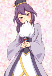 Rule 34 | 1girl, blush, chinese clothes, inazuma eleven (series), inazuma eleven go, inazuma eleven go chrono stone, long hair, looking at viewer, maron (quintet colors), purple eyes, purple hair, solo, zhuge kongming (inazuma eleven)
