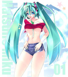 Rule 34 | 1girl, aqua hair, bad id, bad pixiv id, between breasts, blue eyes, blush, breasts, female focus, gradient background, hatsune miku, headset, long hair, medium breasts, navel, open mouth, scatter milk, shorts, solo, spring onion, twintails, underboob, very long hair, vocaloid, wristband
