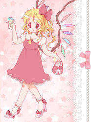 Rule 34 | 1girl, :p, ascot, bag, blonde hair, blush, bobby socks, bow, commentary request, crystal, dress, flandre scarlet, floral background, food, full body, hair bow, handbag, high heels, highres, holding, holding bag, ice cream, ice cream cone, index finger raised, lace, lace-trimmed dress, lace trim, medium hair, one side up, pink background, pink footwear, pink heels, red bow, red dress, red eyes, short sleeves, socks, solo, tongue, tongue out, touhou, white socks, wings, yellow ascot, zatsuni