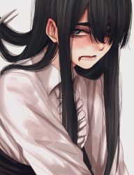 Rule 34 | 1girl, black hair, black skirt, blood, blood from mouth, blue eyes, blush, closed mouth, collared shirt, cutting hair, hair over one eye, high-waist skirt, highres, hoshi san 3, long hair, looking at viewer, mole, mole on neck, one eye covered, original, scissors, shirt, simple background, skirt, solo, upper body, white background, white shirt, wing collar