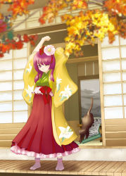 Rule 34 | 1girl, arms up, cat, female focus, full body, hieda no akyuu, japanese clothes, kimono, nanami sano, one eye closed, outdoors, plant, purple hair, scroll, socks, solo, standing, stretching, touhou, tree, wink