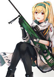 Rule 34 | 1girl, absurdres, black footwear, black gloves, black thighhighs, blonde hair, bolt action, boots, girls&#039; frontline, gloves, green ribbon, gun, hair ribbon, hairband, hand on weapon, highres, holding, holding weapon, huge filesize, jacket, long hair, looking at viewer, military, military uniform, mod3 (girls&#039; frontline), muteppona hito, on floor, open mouth, red eyes, ribbon, rifle, russian flag, sitting, sniper rifle, solo, sv-98, sv-98 (girls&#039; frontline), sv-98 (mod3) (girls&#039; frontline), thighhighs, uniform, weapon, white background, white jacket