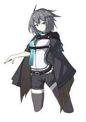 Rule 34 | 1girl, absurdres, arknights, black cape, black choker, black shorts, black thighhighs, blz buluozhang, cape, choker, commentary, cropped legs, feather hair, green eyes, grey hair, greythroat (arknights), highres, looking at viewer, shirt, short hair, shorts, simple background, skindentation, solo, standing, thighhighs, thighs, white background, white shirt