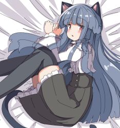 Rule 34 | 1girl, animal ears, bed sheet, black skirt, black thighhighs, blue hair, blush, cat ears, cat tail, chestnut mouth, frilled skirt, frilled sleeves, frills, highres, idolmaster, idolmaster cinderella girls, jitome, juliet sleeves, long hair, long sleeves, looking at viewer, lying, on bed, puffy sleeves, red eyes, sajo yukimi, shirt, sidelocks, skirt, solo, tail, thighhighs, thighs, umberblack, white shirt