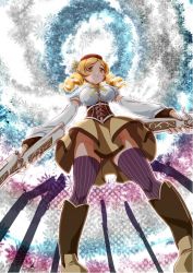 Rule 34 | 10s, 1girl, beret, blonde hair, boots, breasts, cpro, detached sleeves, drill hair, dual wielding, female focus, fingerless gloves, gloves, gun, hair ornament, hairpin, hat, holding, large breasts, magical girl, magical musket, mahou shoujo madoka magica, mahou shoujo madoka magica (anime), no panties, pleated skirt, puffy sleeves, ribbon, rifle, skirt, smile, solo, striped clothes, striped thighhighs, thighhighs, tomoe mami, tomoe mami (magical girl), twin drills, twintails, vertical-striped clothes, vertical-striped thighhighs, weapon, yellow eyes, zettai ryouiki