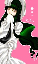 Rule 34 | 1girl, arrancar, bleach, blunt bangs, character name, covering own mouth, cyan sung-sun, expressionless, facial mark, female focus, green hair, image sample, long hair, pink background, pink eyes, pixiv sample, resized, resurreccion, rukino (exactement), simple background, sleeves past wrists, solo