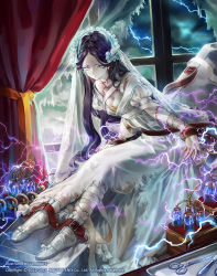 Rule 34 | 1girl, bandages, breasts, bridal veil, bride, bride of frankenstein, cleavage, colored skin, dark sky, dress, electricity, frankenstein, guardian cross, indoors, jane mere, jewelry, lightning, long hair, looking down, official art, purple hair, solo, square enix, stitches, strap, torn clothes, trading card, veil, wedding dress, white eyes, white skin, window, zombie