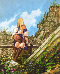 Rule 34 | 1990s (style), 1girl, agrias oaks, armor, blonde hair, blurry, braid, braided ponytail, day, depth of field, final fantasy, final fantasy tactics, gloves, hand on own thigh, long hair, non-web source, official art, outdoors, pauldrons, retro artstyle, shoulder armor, single braid, sitting, solo, thighhighs, waist cape, yoshida akihiko