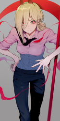 Rule 34 | 1girl, absurdres, black necktie, blonde hair, blouse, breasts, chainsaw man, collared shirt, cross-shaped pupils, demon girl, female focus, formal, frown, grey background, hair between eyes, hair over one eye, hemokinesis, highres, horns, long hair, looking at viewer, necktie, pink shirt, power (chainsaw man), red eyes, serious, shirt, simple background, sleeves rolled up, solo, st (youx1119), suit, symbol-shaped pupils