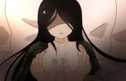 Rule 34 | 1girl, 1other, bed, black hair, grabbing another&#039;s breast, breasts, breasts out, collarbone, grabbing, hair over eyes, library of ruina, long hair, lying, martina (project moon), no eyes, on back, parted lips, project moon, solo focus, spacelolol, upper body