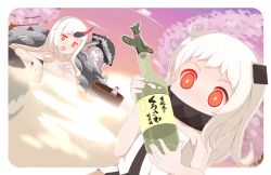 Rule 34 | 10s, 3girls, abyssal ship, aircraft, airplane, blue eyes, bottle, breast suppress, breasts, bucket, cherry blossoms, closed mouth, collarbone, glowing, head tilt, highres, holding, horns, kantai collection, large breasts, long hair, miniature, multiple girls, northern ocean princess, one eye closed, onsen, phibonnachee, red eyes, sake bottle, seaport princess, single horn, tokkuri, water, white hair, wo-class aircraft carrier