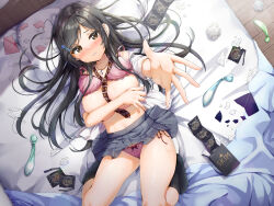 Rule 34 | 1girl, absurdres, bed, bikini, black hair, black socks, blanket, blush, bra, bra lift, brown eyes, closed mouth, commentary request, condom, condom wrapper, covering privates, covering breasts, from above, grey skirt, hair ornament, hairclip, highres, jewelry, kuria (clear trip second), long hair, looking at viewer, lying, navel, necklace, necktie, non-web source, on back, on bed, original, outstretched arm, panties, pillow, pink bra, pink panties, pleated skirt, school uniform, shirt, side-tie bikini bottom, sidelocks, skirt, smile, socks, solo, swimsuit, underwear, used condom, used tissue, white shirt, wooden floor