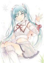 Rule 34 | 1girl, ahoge, blue eyes, blue hair, blush, capelet, crop top, detached sleeves, hands up, hatsune miku, kneehighs, long hair, looking at viewer, lpip, midriff, navel, red ribbon, ribbon, santa costume, sitting, skirt, sleeveless, smile, socks, solo, sparkle, star (symbol), striped, striped background, twintails, very long hair, vocaloid, waving, waving arm, white skirt, white socks