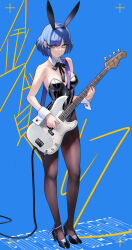 Rule 34 | 1girl, animal ears, anklet, backlighting, ban! (bansankan), bare shoulders, bass guitar, black bow, black leotard, black pantyhose, blue background, blue hair, bocchi the rock!, bow, breasts, collarbone, contrapposto, fake animal ears, fender precision bass, from above, full body, high heels, highres, instrument, jewelry, leotard, looking up, medium breasts, medium hair, mole, mole under eye, pantyhose, rabbit ears, solo, title, wrist cuffs, yamada ryo, yellow eyes