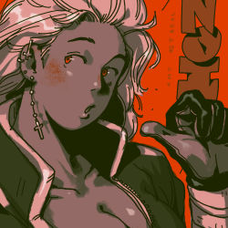 Rule 34 | absurdres, amy matsushita-beal, black gloves, blonde hair, blush, breasts, cleavage, cross, cross earrings, dorohedoro, ear piercing, earrings, gloves, highres, jewelry, looking to the side, noi (dorohedoro), open mouth, piercing, red eyes