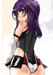 Rule 34 | 1girl, absurdres, ass, black leotard, blush, character request, copyright request, elbow gloves, female focus, from behind, gloves, highres, leotard, looking back, purple hair, sasahara yuuki, solo