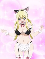 Rule 34 | 1girl, absurdres, animal ears, annoyed, apron, armband, artist name, bare shoulders, bikini, black bikini, black garter straps, blonde hair, blush, breasts, brown eyes, cat ears, cleavage, collarbone, colorized, cowboy shot, detached collar, embarrassed, fairy tail, fake animal ears, frilled apron, frilled bikini, frills, frown, garter straps, groin, hair between eyes, halterneck, highres, large breasts, linea alba, lipstick, long hair, looking down, lucy heartfilia, maid, maid bikini, maid headdress, makeup, mashima hiro, multicolored background, navel, open mouth, sidelocks, solo, sparkle, stomach, swimsuit, thick thighs, thighhighs, thighs, twintails, unconventional maid, w arms, white apron, white thighhighs, wide hips, wrist cuffs, xfearisufia