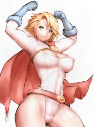Rule 34 | 1girl, animification, belt, belt skirt, blonde hair, blue eyes, breasts, cape, cleavage cutout, clothing cutout, covered erect nipples, dc comics, fumio (rsqkr), gloves, hip focus, large breasts, leotard, light smile, nipples, power girl, short hair, solo, superman (series), thighs, white background, wide hips