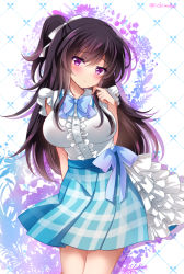 Rule 34 | 1girl, bare arms, bare shoulders, black hair, blue bow, blue skirt, blush, bow, breasts, center frills, closed mouth, floral background, frills, hair between eyes, hair bow, ichiyou moka, large breasts, long hair, looking at viewer, original, plaid, plaid skirt, pleated skirt, ponytail, purple eyes, shirt, skirt, sleeveless, sleeveless shirt, solo, takanashi iori (ichiyou moka), twitter username, very long hair, white background, white bow, white shirt