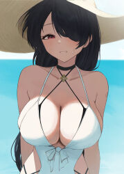 Rule 34 | 1girl, black hair, blue archive, blush, bow, breasts, cleavage, dio nand, hair over one eye, hat, highres, hinata (blue archive), hinata (swimsuit) (blue archive), large breasts, long hair, looking at viewer, ocean, one-piece swimsuit, outdoors, red eyes, solo, sweat, swimsuit, white one-piece swimsuit