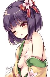 Rule 34 | 1girl, ;o, bad id, bad twitter id, blunt bangs, blush, breasts, collarbone, flower, hair flower, hair ornament, hieda no akyuu, japanese clothes, kimono, looking at viewer, maremay0513, nipples, off shoulder, one eye closed, parted lips, purple eyes, purple hair, short hair, simple background, small breasts, solo, touhou, white background