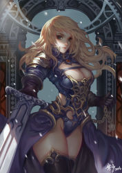 Rule 34 | 1girl, armor, armored dress, black thighhighs, blonde hair, blue eyes, breasts, brooch, chain, cleavage, dated, gloves, green eyes, jewelry, large breasts, long hair, looking at viewer, original, signature, snowing, solo, sword, thighhighs, wavy hair, weapon, wind, wuduo