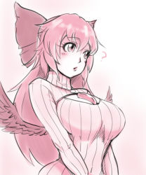 Rule 34 | 1girl, ?, between breasts, bow, breasts, cleavage, cleavage cutout, clothing cutout, gem, hair bow, large breasts, long hair, meme attire, mini wings, monochrome, open-chest sweater, reiuji utsuho, ribbed sweater, solo, sweater, teatime (mike), touhou, turtleneck, v arms, wings