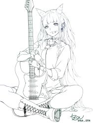 Rule 34 | 1girl, artist name, blunt bangs, boots, bracelet, breasts, collar, commentary request, cross, cross-laced footwear, danganronpa (series), danganronpa 2: goodbye despair, ear piercing, earrings, electric guitar, fake horns, greyscale, guitar, highres, horns, indian style, instrument, jewelry, long hair, looking at viewer, mioda 69ch, mioda ibuki, monochrome, multicolored hair, necktie, piercing, pleated skirt, scrunchie, signature, sitting, sketch, skirt, small breasts, smile, solo, spiked bracelet, spikes, twitter username, wrist scrunchie