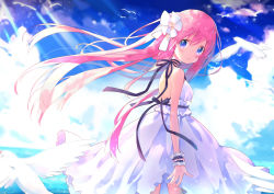 Rule 34 | 1girl, bad id, bad pixiv id, bare shoulders, bird, blue eyes, cloud, dress, flower, from side, hair flower, hair ornament, jerry (gn 012777999), long hair, looking back, original, outdoors, pink hair, sky, smile, solo, white dress, wind, wristband