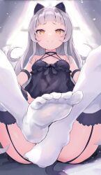 Rule 34 | 1girl, absurdres, asktyuni, cat hair ornament, commentary request, feet, garter straps, hair ornament, highres, hololive, looking at viewer, murasaki shion, no shoes, solo, thighhighs, virtual youtuber, white thighhighs