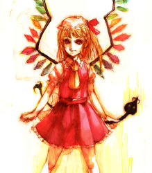 Rule 34 | 1girl, bad id, bad pixiv id, blonde hair, blouse, collared shirt, embodiment of scarlet devil, female focus, flandre scarlet, gradient background, hat, laevatein, mob cap, see-through, see-through skirt, shirt, skirt, smile, solo, tarou (kitsune kitsune), touhou, white background, white hat, white shirt, wings