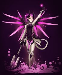 Rule 34 | 1girl, arm up, armor, bodysuit, breasts, dark persona, demon horns, demon tail, devil mercy, facial mark, faulds, forehead mark, full body, gloves, glowing, halo, highres, holding, holding staff, horns, imp mercy, light particles, lips, lipstick, makeup, mechanical halo, mechanical wings, mercy (overwatch), nastassia wallace, official alternate costume, outstretched arm, overwatch, overwatch 1, purple background, purple eyes, purple hair, purple lips, purple wings, short hair, small breasts, smile, solo, spread wings, staff, standing, tail, wings