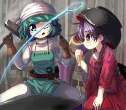 Rule 34 | 2girls, :q, ahoge, alternate costume, apron, belt, blacksmith, blue eyes, blue hair, bowl, bowl hat, character name, choko (cup), clothes writing, cup, gloves, hammer, hand on own knee, hat, head scarf, japanese clothes, kimono, long sleeves, mallet, miracle mallet, multiple girls, needle, obi, one eye closed, pants, profile, purple eyes, purple hair, sash, short hair, sitting, smile, spread legs, sukuna shinmyoumaru, syope, tatara kogasa, tongs, tongue, tongue out, touhou, wild and horned hermit