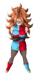Rule 34 | 1girl, android 21, ankle boots, black-framed eyewear, black gloves, black nails, black pantyhose, blue dress, blue footwear, boots, breasts, checkered clothes, checkered dress, covered erect nipples, dragon ball, dragon ball fighterz, dress, earrings, elbow gloves, energy ball, eyelashes, fingernails, floating hair, foot out of frame, glasses, gloves, glowing, grey eyes, hands up, high collar, highres, hoop earrings, impossible clothes, jewelry, lab coat, large breasts, leg up, long hair, looking at viewer, nail polish, pantyhose, red dress, red footwear, red hair, short dress, simple background, sleeveless, sleeveless dress, smile, solo, tareme, teeth, two-tone dress, white background, young jijii