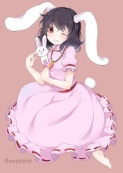 Rule 34 | 1girl, absurdres, animal ears, barefoot, black hair, carrot, carrot necklace, dress, grin, highres, inaba tewi, jewelry, necklace, one eye closed, pink background, pink dress, ponta (wwtaimeww), puffy short sleeves, puffy sleeves, rabbit, rabbit ears, rabbit girl, rabbit tail, red eyes, short hair, short sleeves, simple background, smile, solo, tail, touhou