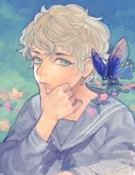 Rule 34 | 1girl, androgynous, appu, bad drawr id, bad id, blue background, blue butterfly, blue neckerchief, blue sailor collar, blue serafuku, branch, bug, butterfly, finger to mouth, flower, green background, green eyes, insect, long sleeves, looking at viewer, neckerchief, oekaki, original, parted lips, pink flower, sailor collar, school uniform, serafuku, short hair, solo, two-tone background, white hair