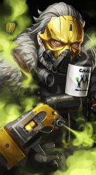 Rule 34 | 1boy, absurdres, animification, apex legends, beard, black background, blackheart caustic, caustic (apex legends), cup, death hammer (apex legends), facial hair, gas mask, green eyes, grey hair, hair slicked back, hammer, highres, holding, holding cup, holding hammer, looking at viewer, male focus, mask, mug, nemoto yuuma, official alternate costume, smoke, solo, upper body