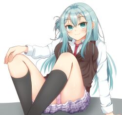 1girl :3 absurdres aqua_eyes aqua_hair between_breasts black_socks blush breasts brown_vest closed_mouth collared_shirt commentary crossed_bangs eyelashes feet_out_of_frame grey_skirt hair_between_eyes hand_on_own_knee happy highres kneehighs knees_apart_feet_together knees_up large_breasts long_hair long_sleeves looking_at_viewer necktie necktie_between_breasts one_side_up panties plaid_clothes plaid_skirt red_necktie riddle_joker school_uniform shikibe_mayu shirt sidelocks simple_background sitting skirt smile socks solo tsurime underwear vest wada_(fzwprhf3aj45658) white_background white_panties white_shirt