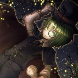 Rule 34 | 1girl, alternate costume, antennae, ascot, backlighting, bad id, bad twitter id, black shorts, black vest, buttons, cape, collared shirt, commentary request, commission, denpa rasaito, dutch angle, fireflies, gloves, green eyes, green hair, grey ascot, hair between eyes, hat, highres, holding, holding clothes, holding hat, holding scepter, jewelry, long sleeves, looking at viewer, monocle, open mouth, red cape, scepter, shirt, short hair, shorts, skeb commission, smile, solo, star (sky), top hat, touhou, upper body, vest, white gloves, white shirt, wriggle nightbug