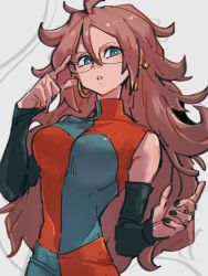 Rule 34 | 1girl, android 21, black nails, blue eyes, breasts, checkered clothes, checkered dress, detached sleeves, dragon ball, dragon ball fighterz, dress, earrings, fingernails, glasses, grey background, hair between eyes, hoop earrings, jewelry, kemachiku, long hair, looking at viewer, medium breasts, nail polish, parted lips, red hair, solo