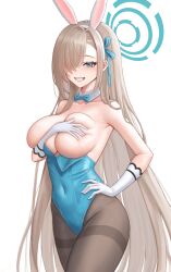 Rule 34 | 1girl, absurdres, asuna (blue archive), asuna (bunny) (blue archive), blue archive, blue bow, blue bowtie, blue eyes, blue halo, blue leotard, blue ribbon, bow, bowtie, breasts, brown hair, brown pantyhose, clenched teeth, covered navel, covering nipples, covering privates, detached collar, gloves, hair over one eye, hair ribbon, halo, hand on own hip, highres, ilbanseomin, large breasts, leotard, long hair, looking at viewer, official alternate costume, pantyhose, playboy bunny, ribbon, simple background, smile, solo, teeth, very long hair, white background, white gloves